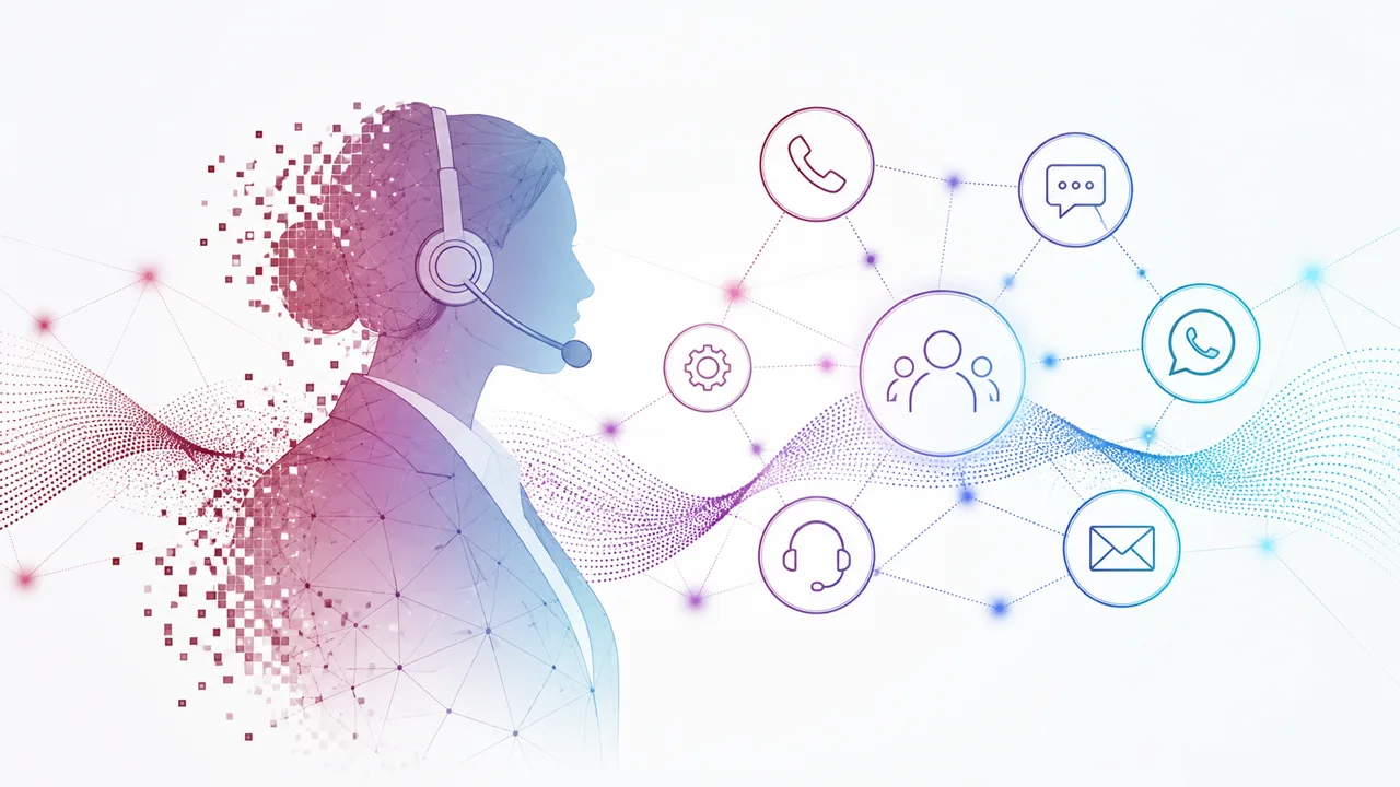 Servicios que ofrece un call center: agente con diadema y canales de llamada, chat y correo
